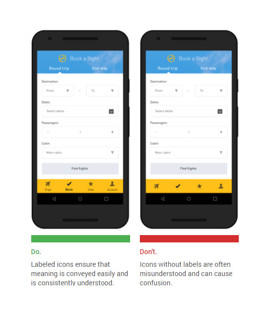 Use right text labels and icon keys to clarify visual information